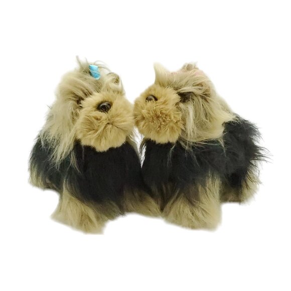 Unbranded Brown‎ and Tan Pair Of Fluffy Yorkie Plush Dogs With Bows in Fur - Picture 5 of 11